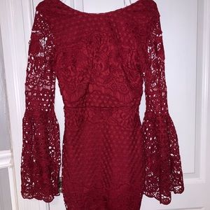 Red Lace Bell Bottom Sleeves Dress